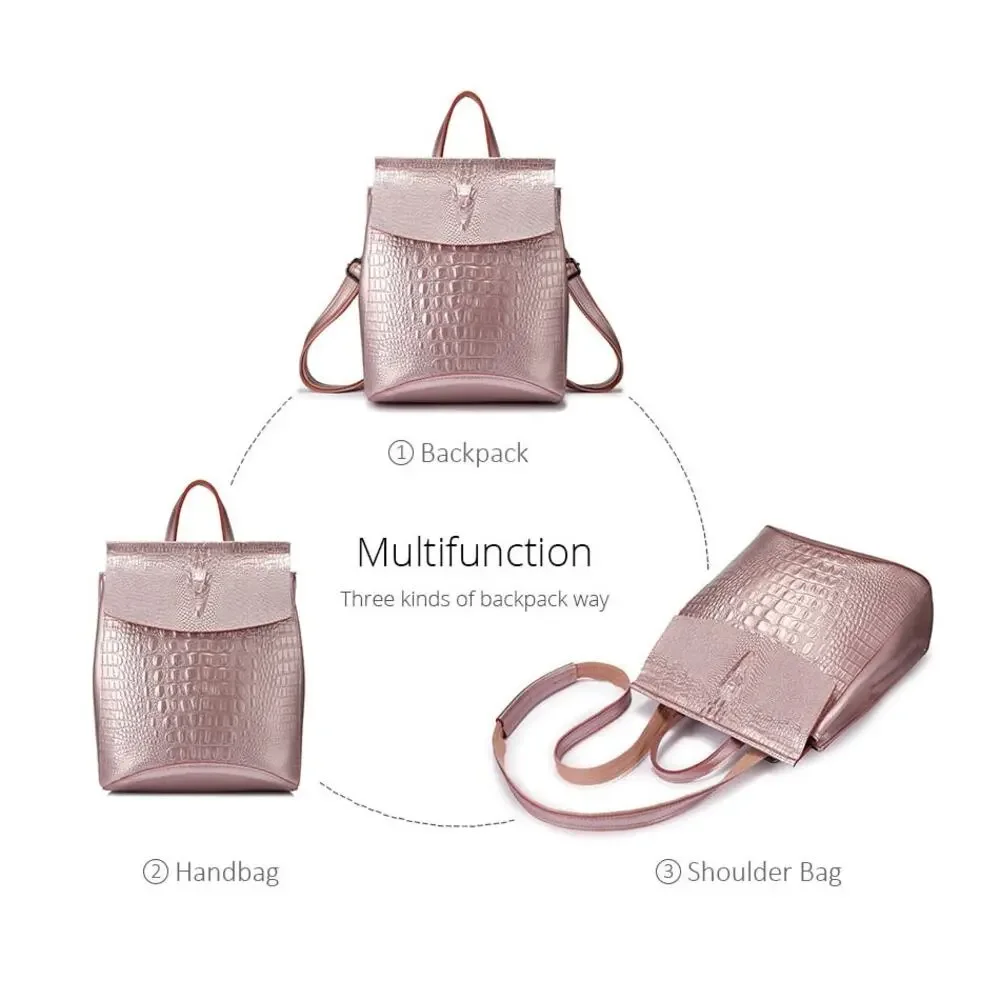Embossed Leather Flap Backpack Cross Body Bag Purse Burgundy Gold Metallic